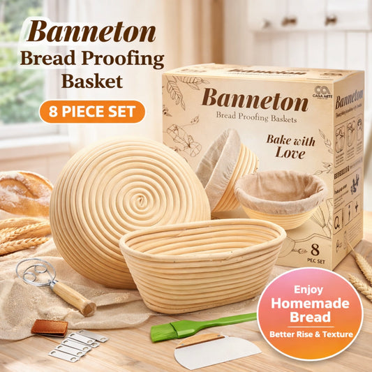 Sourdough Bread Proofing Basket Set 9 & 10 Inch – Banneton Bread Basket Kit with Danish Dough Whisk, Bread Lame, Dough Scrapers