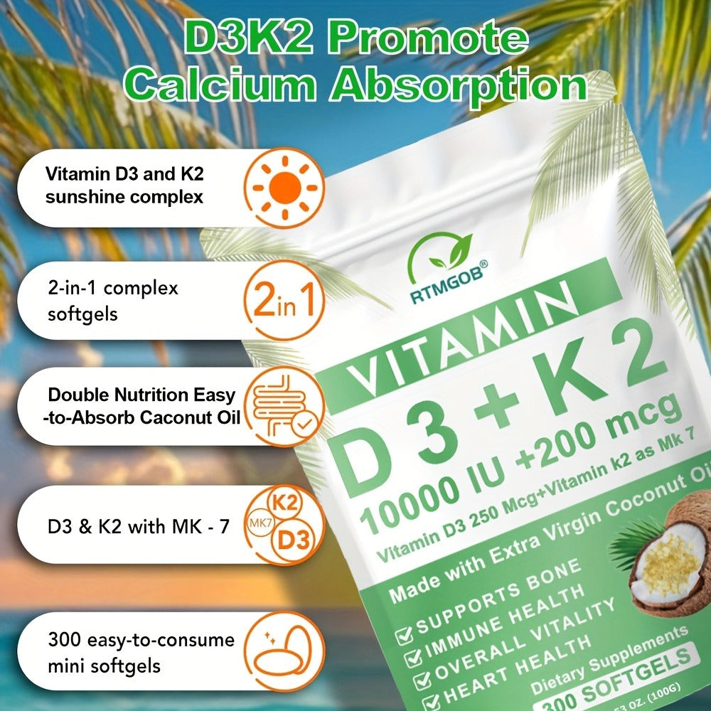 Vitamin D3 K2 MK-7 300 Softgels Value Size, 10000 IU D3 + 200mcg K2 with Extra Virgin Coconut Oil for Bone Density Immune & Heart Health