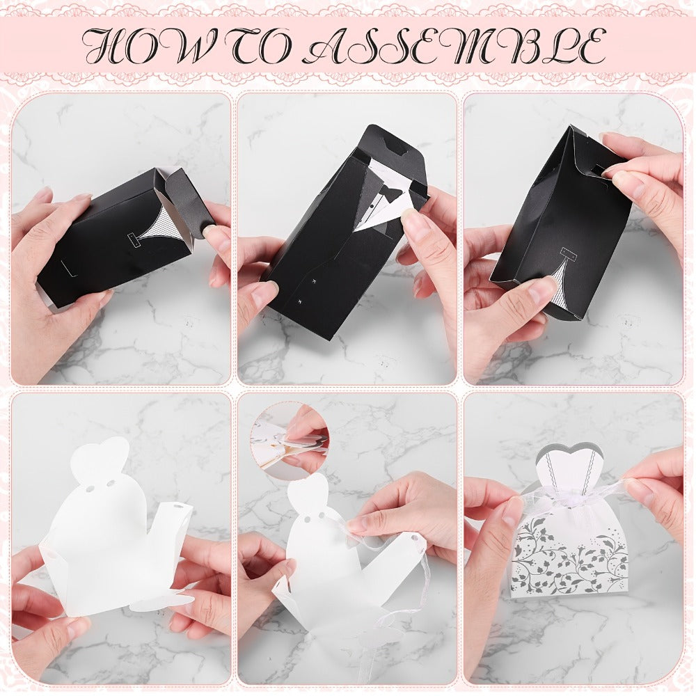 100 Pcs Wedding Party Favor Boxes Dress & Tuxedo Candy Gift Boxes with Ribbon, Vintage Bridal Shower Birthday Bags Bulk Decoration