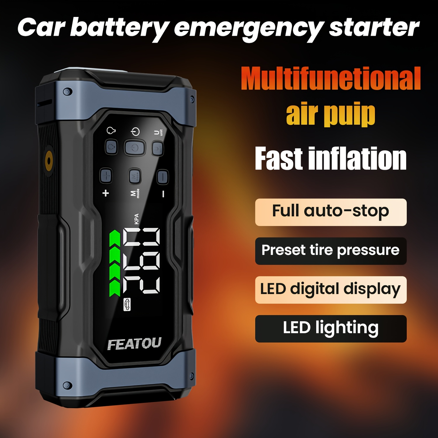 Jump Starter 20000mAh 9-in-1 with Air Compressor Tire Inflator for All Gas 3.7gal Diesel Large SUV for Garden, Patio and Yard Use
