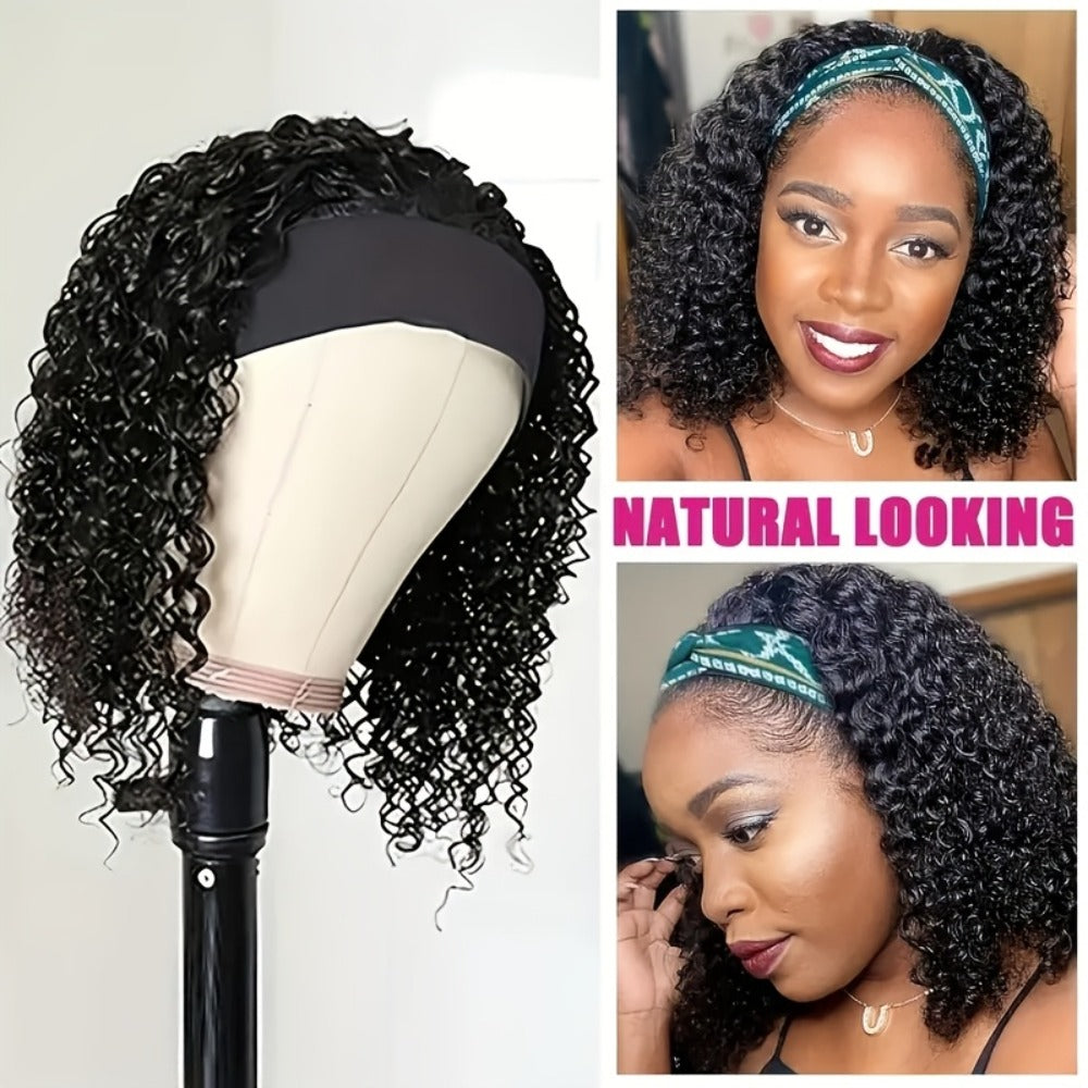 Headband Wig Human Hair Short Curly Pixie 14 Inch No Glue No Lace Glueless Wear and Go Natural, for Home, Travel and Salon Hair Styling