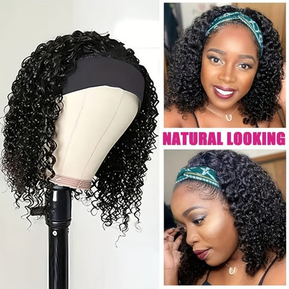 Headband Wig Human Hair Short Curly Pixie 14 Inch No Glue No Lace Glueless Wear and Go Natural, for Home, Travel and Salon Hair Styling