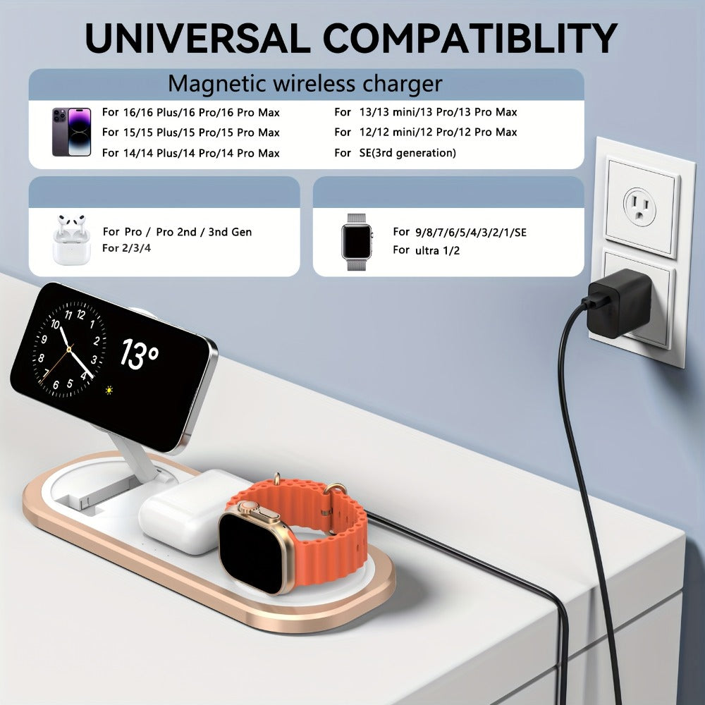 Wireless Charging Station, Foldable 3-in-1 15W Pad for iPhone, Samsung Galaxy, Apple Watch and AirPods Models