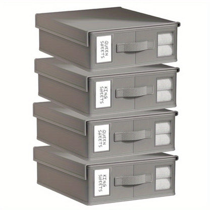 Four-Pack Bed Sheet Storage Boxes with Clear Windows, Labels and Oxford or Nonwoven Fabric Options