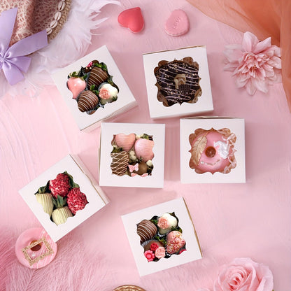 150-Pack White Treat Boxes with Scalloped Window, 4 x 4 x 2.5-Inch Size and Fold-Flat Design