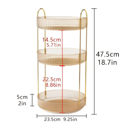 Three-Tier Rotating Makeup Organizer with 360-Degree Base in Green, Amber or Transparent Finish