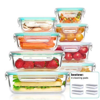 Food Storage Containers 16-Piece Glass Set with Green Lids in Standard or Large Size for Kitchen Organization