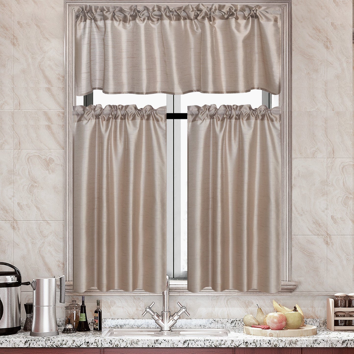 Three-Piece Faux Silk Window Curtain Set with Rod-Pocket Valance, Two 26 x 36-Inch Tiers and Eleven Colors