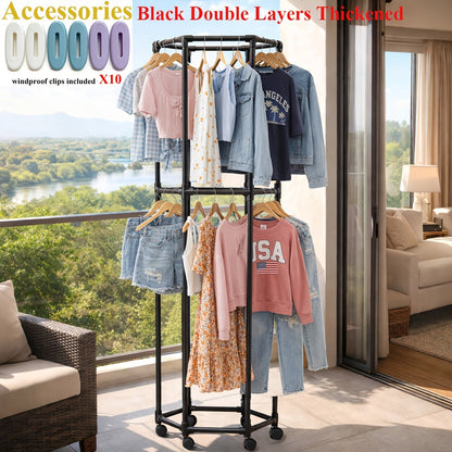 Rolling Hexagon Clothes Drying Rack 1 or 2 Layer, Sturdy Metal Floor Stand with Wheels, Multi-Bar & 10 Clips
