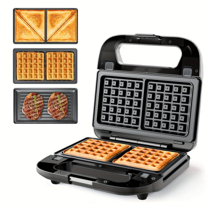 Sandwich Maker 3-in-1 Panini Press & Waffle Iron 750W with Removable Non-Stick Plates, Compact for Dorm