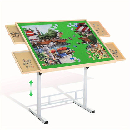 Jigsaw Puzzle Table with 4 Drawers 1500 Pieces – Adjustable Angle & Height 35"x26" Tilting Wood Board with Metal Legs