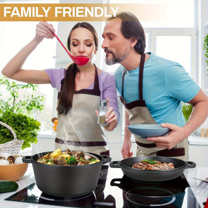 Cast Iron Dutch Oven Set 5.1QT & 7QT with Skillet Lid – Pre-Seasoned 2-in-1 Cookware for Stovetop, Induction, Oven, Campfire & BBQ