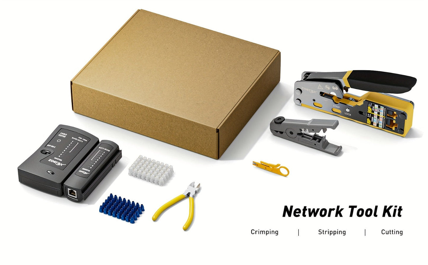 RJ45 Crimping Tool Kit Ethernet – CAT5/CAT5e/CAT6 Pass Through Crimper with Cable Tester, Wire Stripper, Pliers, Spare Blades