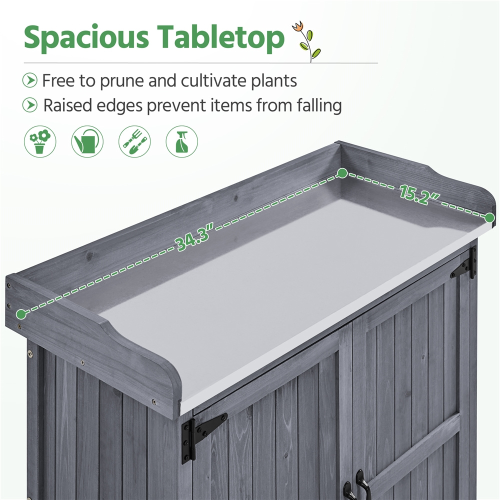 Rolling Potting Bench 3-Tier Wooden Garden Workstation Waist-High Galvanized Metal Top Lockable Casters for Garden, Patio and Yard Use