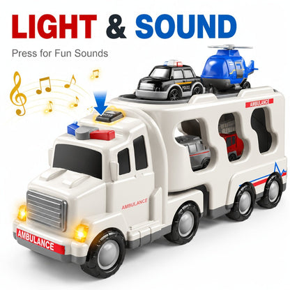 Ambulance Carrier Truck Toy Set 5-in-1 with Light & Sound for Kids Ages 3-8 with the Listed Color, Size or Set Options for Everyday Use