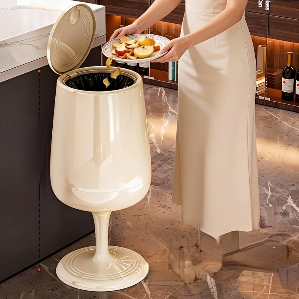 Wine Glass-Shaped Trash Can with Press Lid, 28.15-Inch Height and Red, Cream White or Black Finish