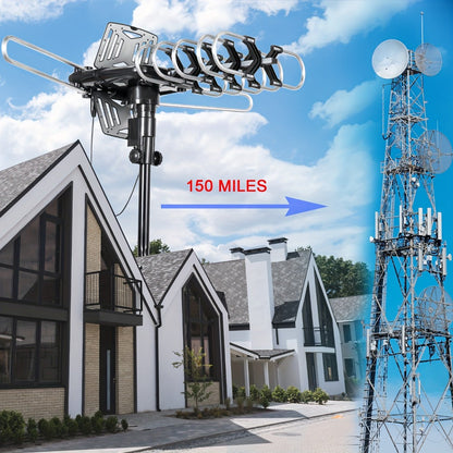 Dual TV Splitter Outdoor Antenna 150 Mile Range – 2026 Smart Digital HDTV, 2 TVs Simultaneously, RG6 Coaxial Cable & Mounting Bracket