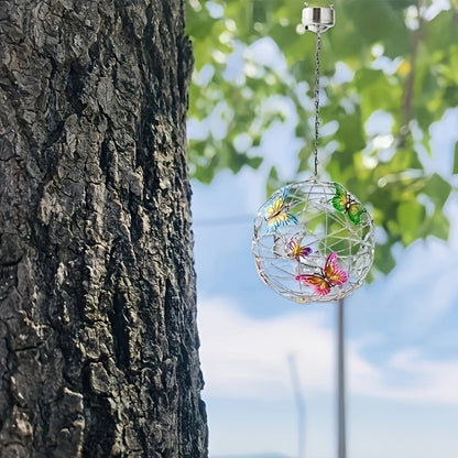 Solar Butterfly Lantern Outdoor Metal Iron Hanging Solar Light, Auto On at Dusk, White & Color Light