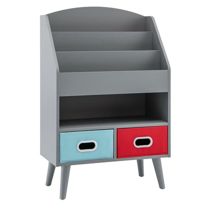 Kids Bookshelf 3-Tier with 2 Fabric Bins Open Compartments Anti-Tip Safety Design Sturdy MDF for Entryways, Bedrooms and Living Spaces