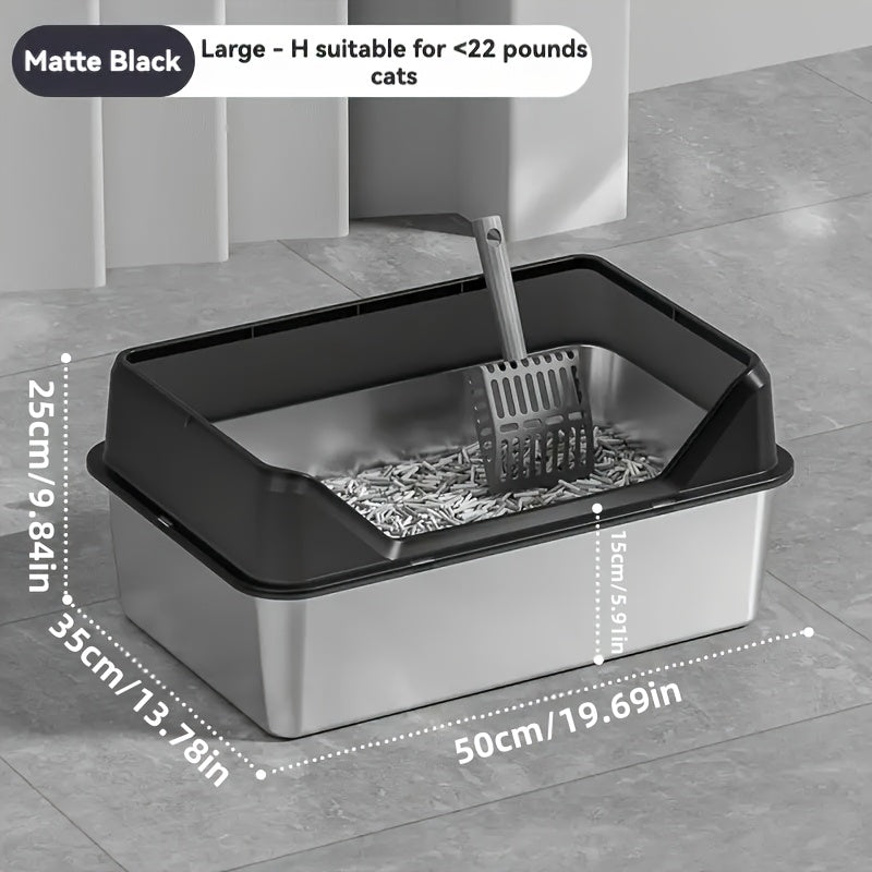 Steel Cat Litter Box with High-Wall Surround, Front Step and Scoop in XL or XXL, Khaki, Gray or Black