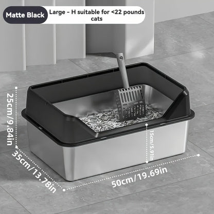 Steel Cat Litter Box with High-Wall Surround, Front Step and Scoop in XL or XXL, Khaki, Gray or Black