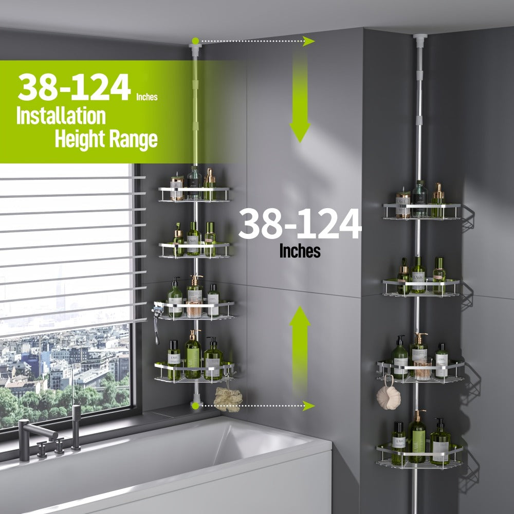Corner Shower Caddy Tension Pole No Drilling Shower Organizer Shelf with Hooks for Bathroom for Bath Time, Home Spa and Personal Care