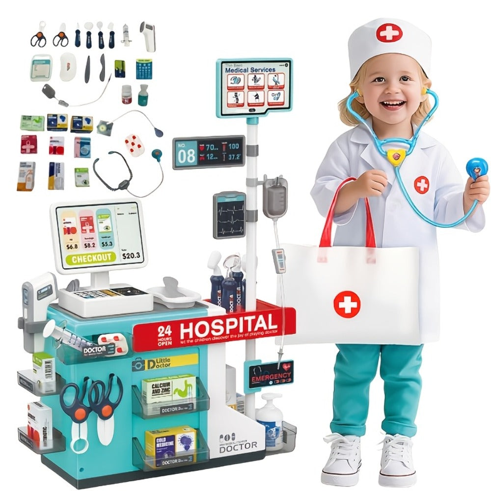 Doctor Play Set for Kids 49 PCS, Role Play Medical Station & Cashier Toy Kit for Boys Girls, Pretend Doctor Nurse Cashier
