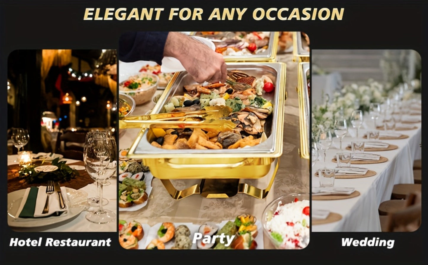Chafing Dish Buffet Set 8QT Gold - Stainless Steel Food Warmer with Lid Foldable Stand for Entryways, Bedrooms and Living Spaces
