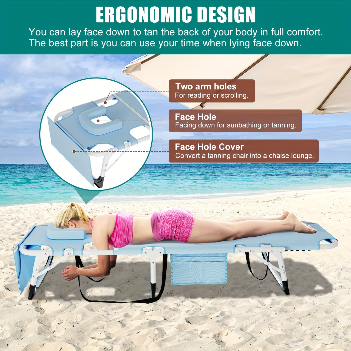 Folding Chaise Lounge Chair for Outdoor Tanning – 5-Position Adjustable Sunbathing Lounger with Face Hole for Pool, Beach & Backyard