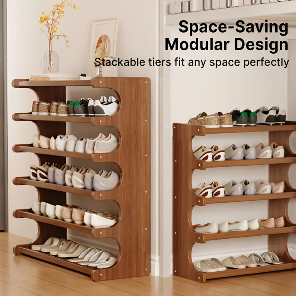 Shoe Rack Wood-Grain Freestanding Organizer with 3-Tier, 5-Tier or 6-Tier Brown Height Options