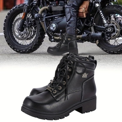 Women's Motorcycle Riding Boots, Low Heel Lace-Up Ankle Booties with Side Zipper, Non-Slip Rubber Sole Biker Combat Boots in Black Faux