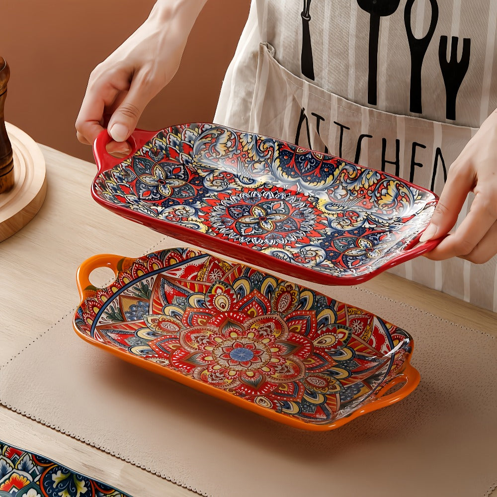 Ceramic Serving Platter Set of 4, Bohemian Rectangular Fish Dish with Double Handles, Baking Tray for Sushi Pasta Desserts Salads Fruits
