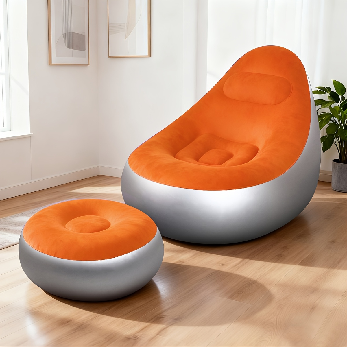 Inflatable Recliner Sofa with Footstool Set – Heavy Duty Portable Folding Air Couch with Plush Fabric & Pump Included
