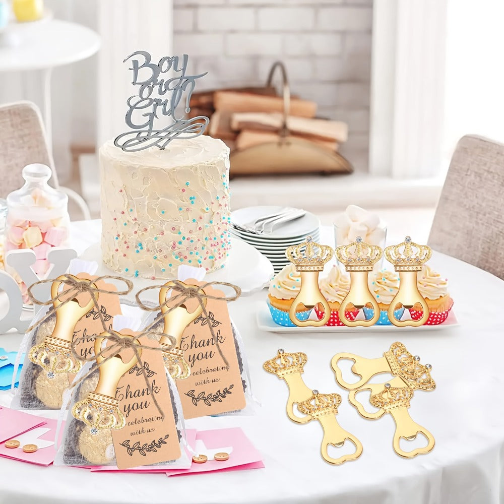 Crown Bottle Opener Wedding Favors, 10 Sets with Organza Bags, Thank You Tags and Twine for Bridal Showers and Guest Gifts