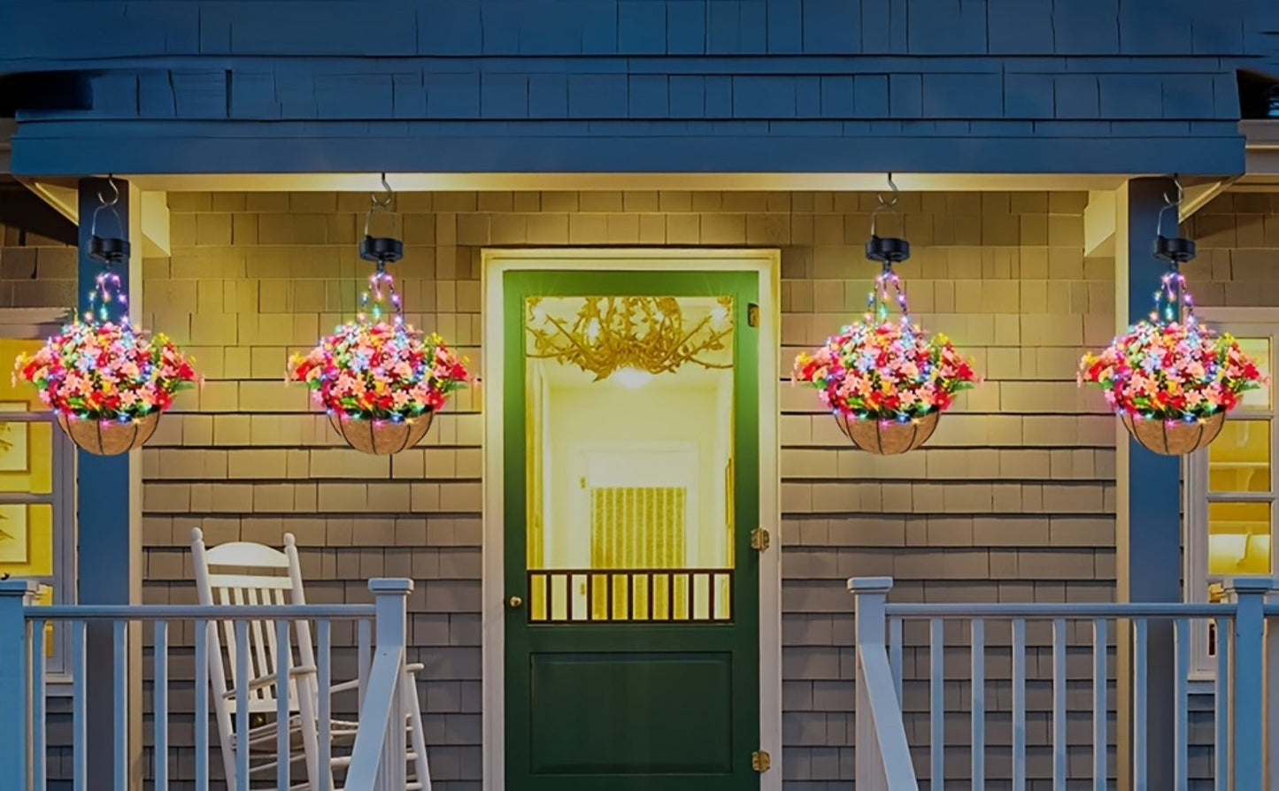 Solar Hanging Flower Basket with RGB String Lights, 10 Inch Artificial Flowers, Dusk-to-Dawn Auto On
