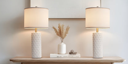 Table Lamp with Ceramic Textured Base, Drum Shade, 9W LED Bulb, Five Colors and Three Color Temperatures