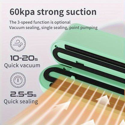 Compact Rechargeable Bag Vacuum Sealer with Digital Display, One-Touch Controls and Beige or Green Finish