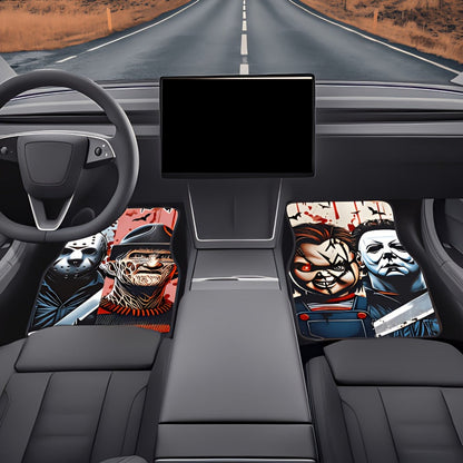 Halloween Character Car Floor Mats, Four-Piece Black Printed Set with Two Front and Two Rear Mats