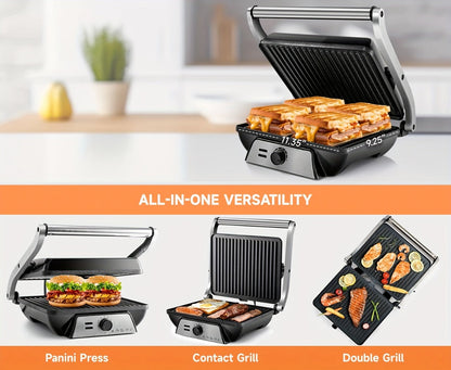 Panini Press Grill 3-in-1 Electric Indoor Grill with Non-Stick Plates - 180° Flat Grill for Entryways, Bedrooms and Living Spaces