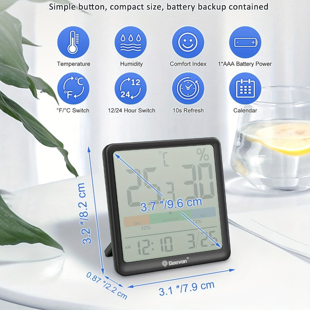 Indoor Thermometer Hygrometer Digital | Accurate Temperature Humidity Monitor with Clock & Calendar | Desktop Room Humidity Gauge for Home