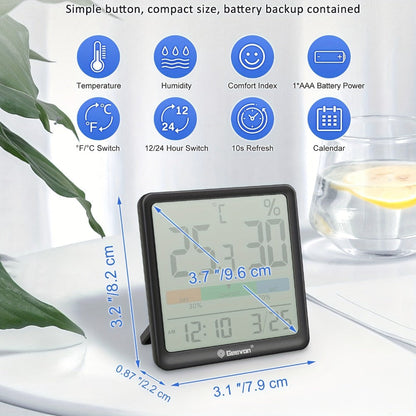 Indoor Thermometer Hygrometer Digital | Accurate Temperature Humidity Monitor with Clock & Calendar | Desktop Room Humidity Gauge for Home