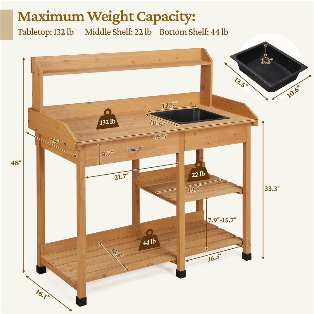 Garden Potting Table 4-Tier with Removable Sink, Adjustable Shelf, Drawer & Side Hooks, Outdoor Planter Stand for Yard Greenhouse in Wood