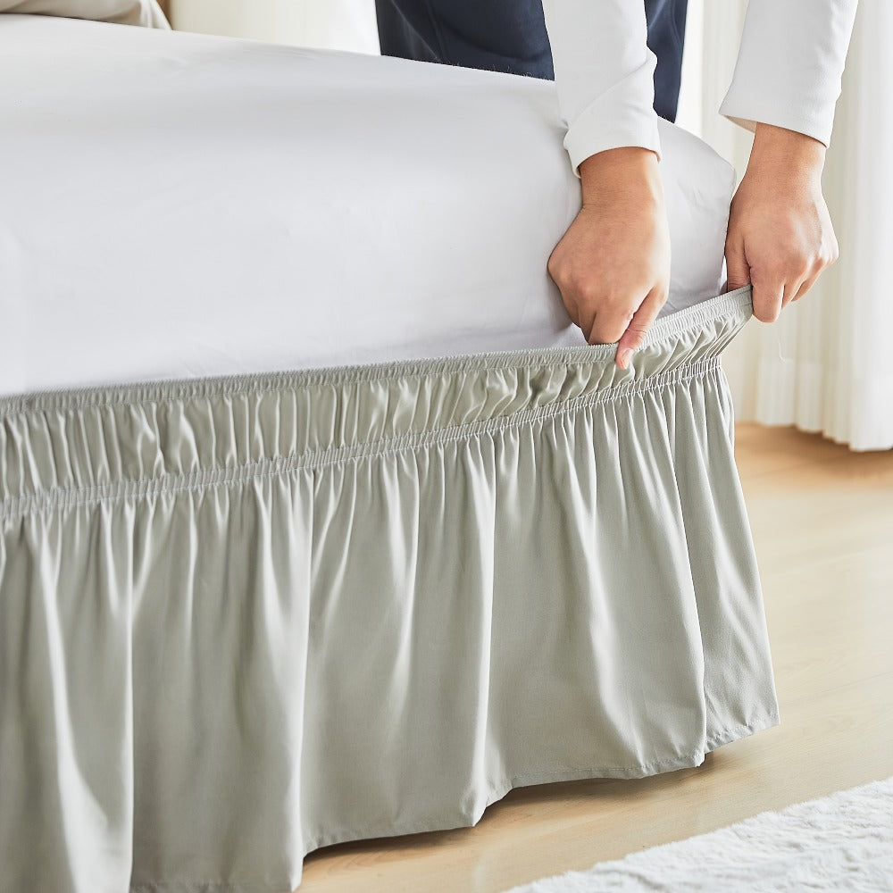 Bed Skirt Elastic Wrap Around Ruffle – 15 Inch Drop Microfiber Dust Ruffle, Adjustable No-Lift Fit, Fade Resistant Machine Washable