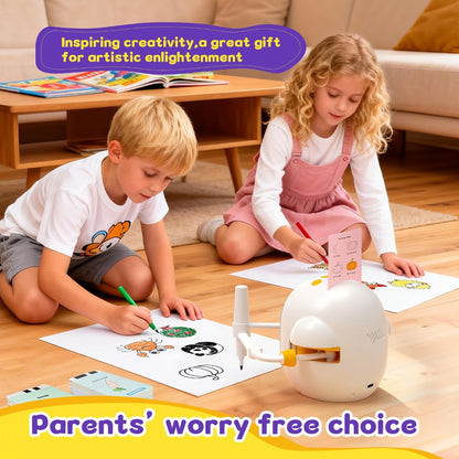 Drawing Robot for Kids Penguin, 200 Learning Cards & 12 Color Pens, STEM Art Educational Toy, Screen-Free Interactive Drawing Game