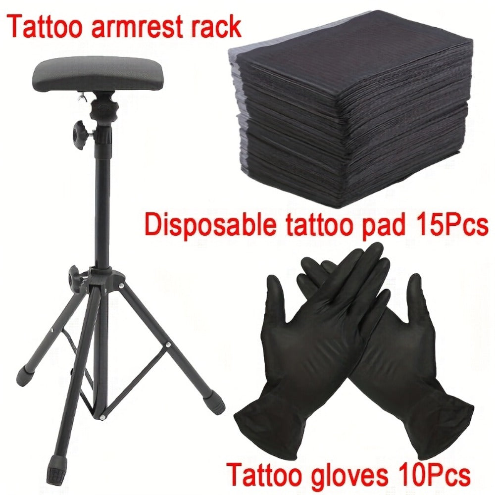 Tattoo Armrest Stand Adjustable Tripod with 15 Disposable Pads & 10 Gloves – 180° PU Padded Arm Leg Rest Portable Collapsible Support