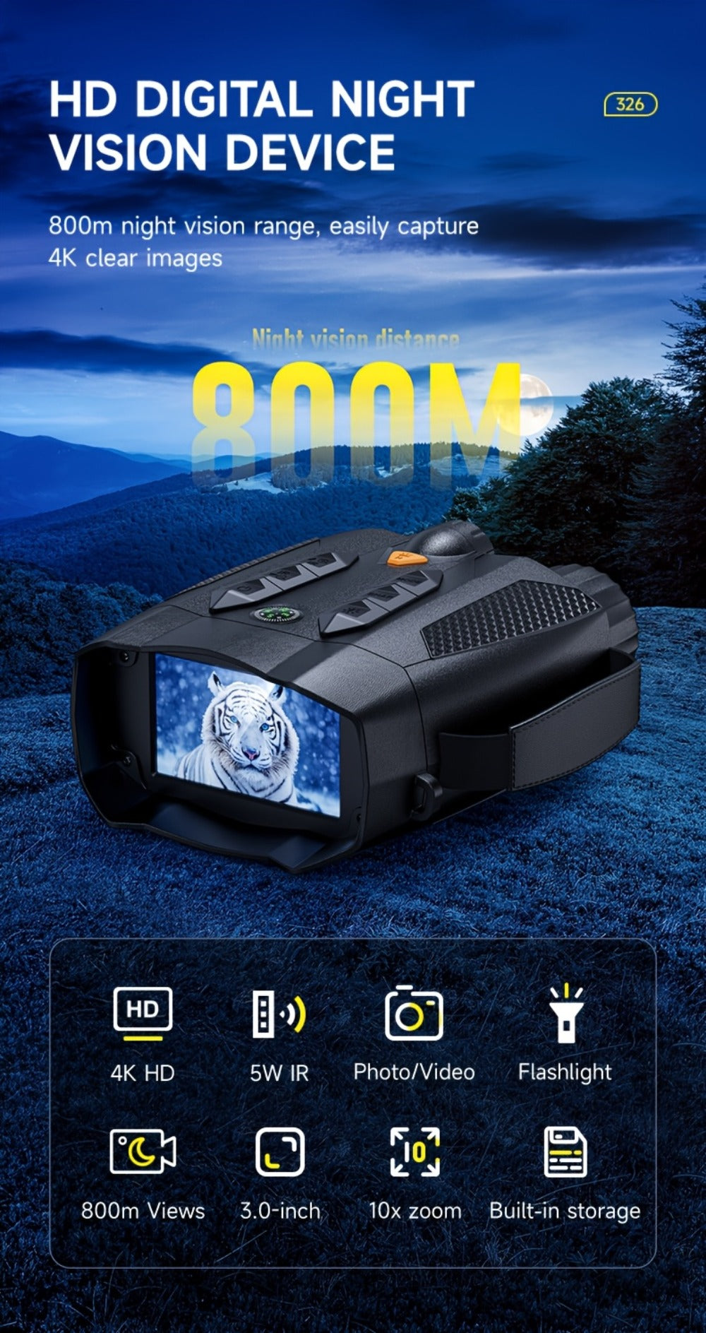 Night Vision Goggles with Built-In 3W IR Illuminator, 200MP HD, 10X Digital Zoom, 5W IR Light, Battery