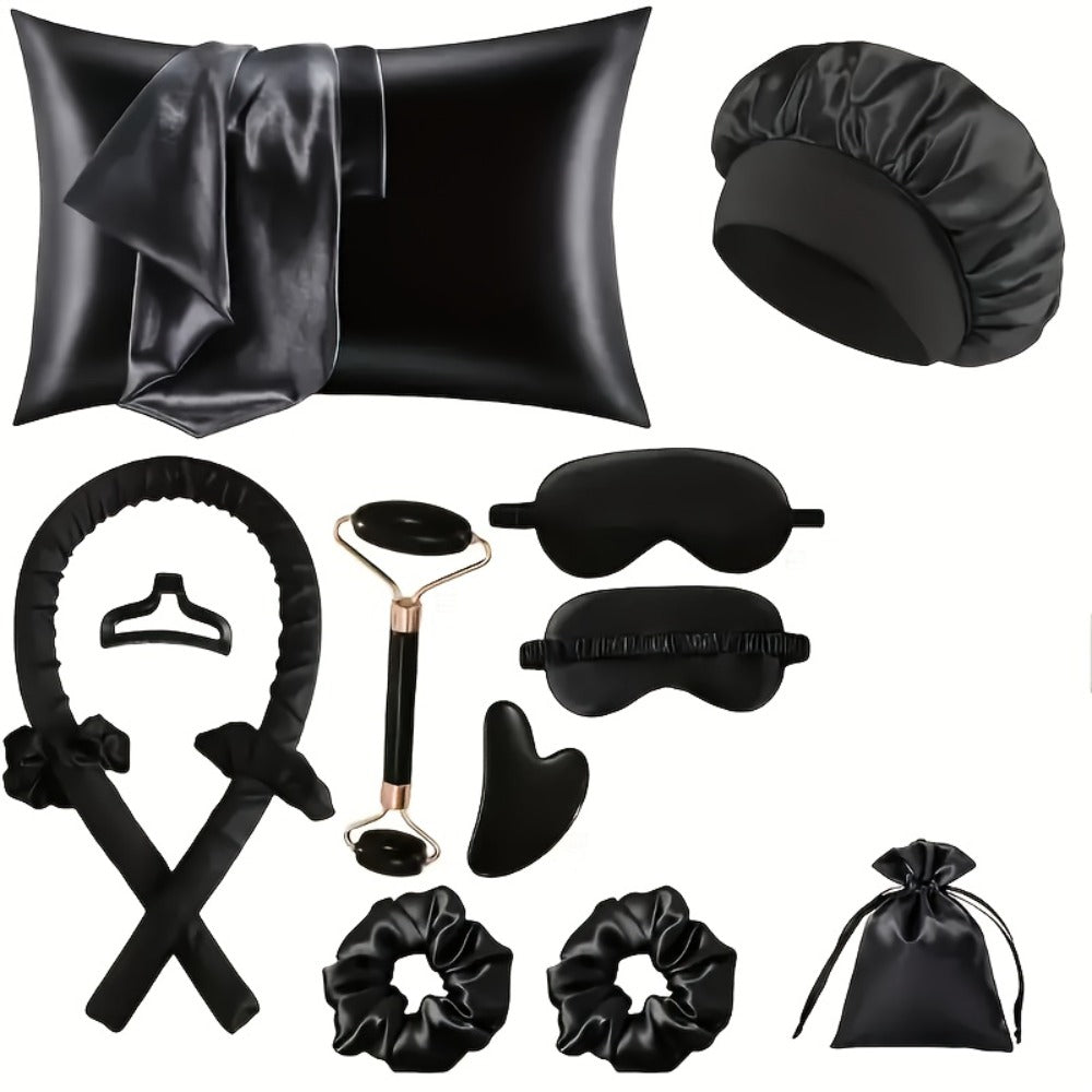 Heatless Curling Set 12pcs Overnight Sleep Hair Curlers Satin Sleep Cap Eye Mask Facial Roller Hairband Storage Bag No Heat Damage