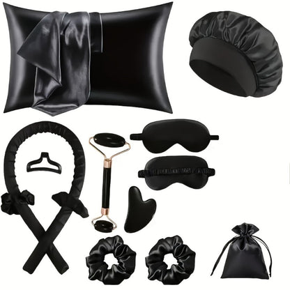 Heatless Curling Set 12pcs Overnight Sleep Hair Curlers Satin Sleep Cap Eye Mask Facial Roller Hairband Storage Bag No Heat Damage