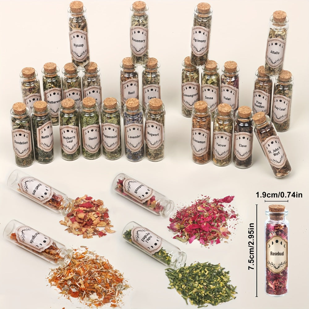 43-Piece Dried Herbs & Flowers Witch Ritual Kit, Sachet Supplies Set with Crystal Spoon, Black Feather & Bell for Pagan Spells