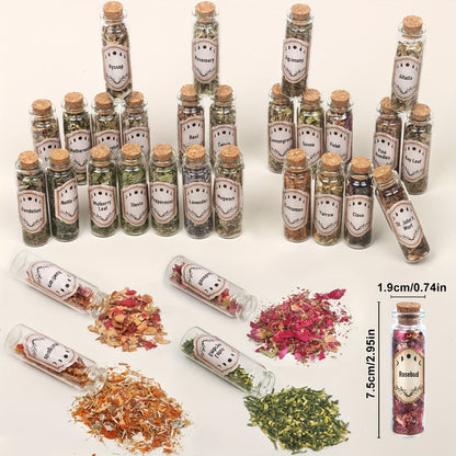 43-Piece Dried Herbs & Flowers Witch Ritual Kit, Sachet Supplies Set with Crystal Spoon, Black Feather & Bell for Pagan Spells